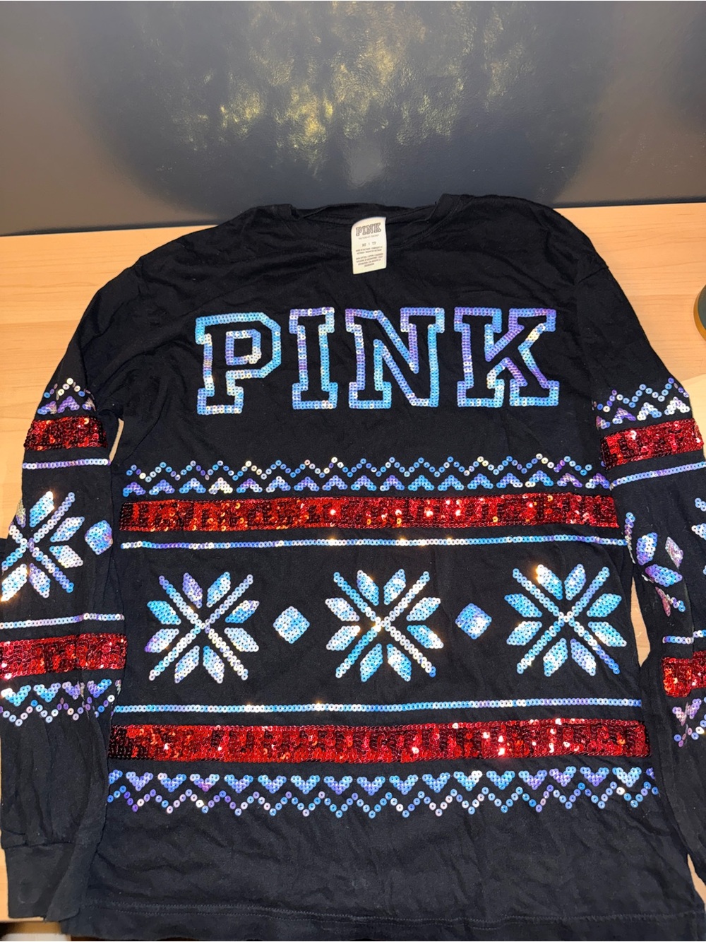 PINK Victoria's Secret Black Sequin Snowflake Long Sleeve Top with Red Accents
